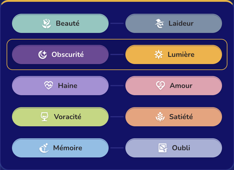 Le sélecteur d’Attributs opposés présente chaque paire disponible.