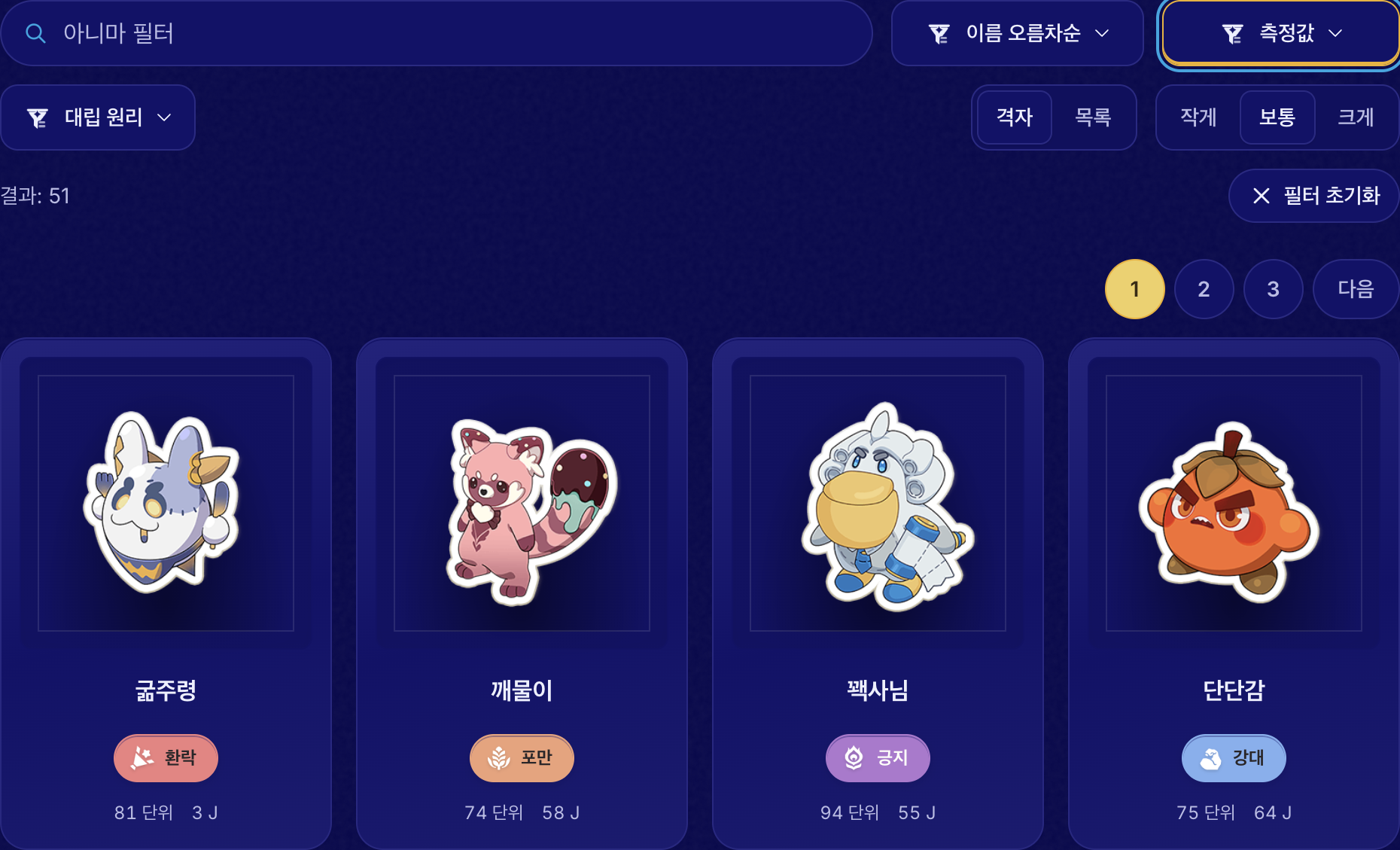 필터링한 목록은 각 아니마 이미지 옆에 원리와 측정값을 유지합니다.
