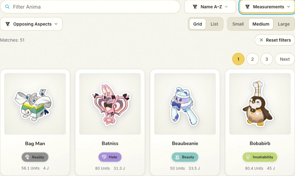 The filtered list keeps each matching creature’s Aspect and measurements beside its image.